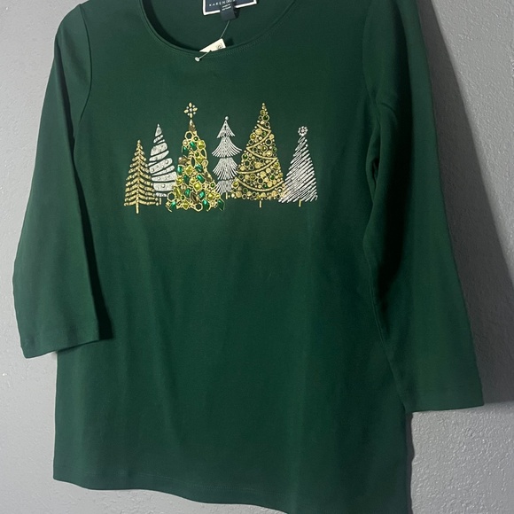 Karen Scott Whimsy Tee Women’s Petite Medium Spruce Night Christmas Trees Stones - Picture 4 of 10